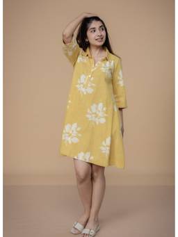 The Indian Ethnic Co. - Srisha Yellow Dabu Slub Cotton A Line Dress