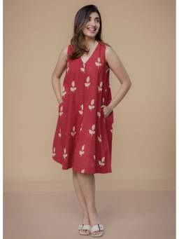 The Indian Ethnic Co. - Siaa Red Dabu Slub Cotton A Line Dress