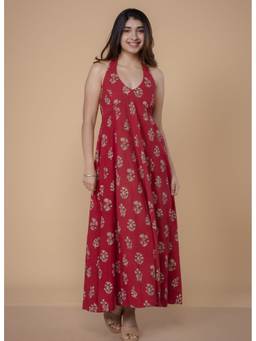 The Indian Ethnic Co. - Sanyukta Red Dabu Slub Cotton A Line Dress