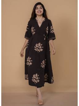 The Indian Ethnic Co. - Avni Brown Dabu Slub Cotton Wrap Around Dress