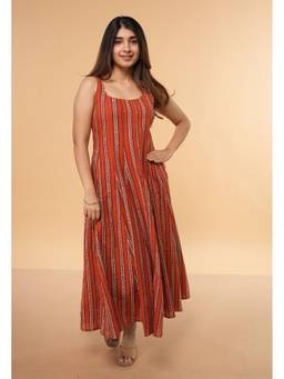 The Indian Ethnic Co. - Jisha Orange Dabu Slub Cotton A Line Dress