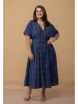 The Indian Ethnic Co. - Reema Blue Dabu Slub Cotton A Line Dress