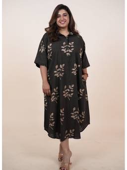 The Indian Ethnic Co. - Risha Brown Dabu Slub Cotton A Line Dress