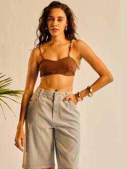 Lea Clothing - Women Grey Allie Denim Rivet Embellished Bermuda Shorts