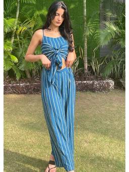 Shubh Shree Studio - Teal Striped Forget Me Knot Jumpsuit