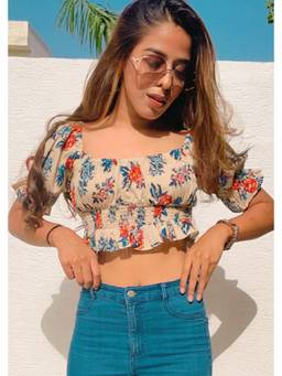 Shubh Shree Studio - Blossom Bliss Smocked Beige Top