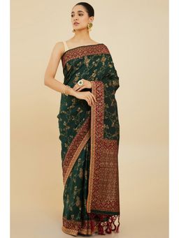 Soch - Women Green Cotton Floral Saree with Unstitched Blouse