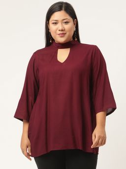 theRebelinme - Plus Size Women Maroon Solid Color High Neck Top