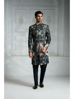 Rivaar by Rocky Star - Black Printed Sherwani (Set of 2)