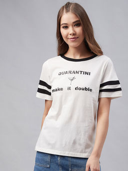 RARE - Women White & Black Printed Round Neck T-shirt