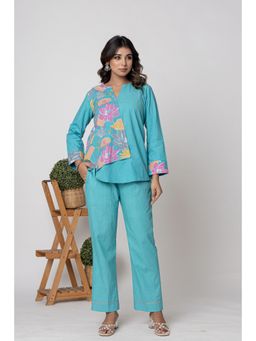Anastay Clothing - Aqua Printed V-Neck Co-Ord Set