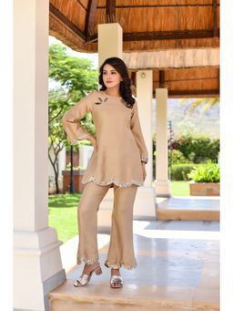 Anastay Clothing - Beige Embellished Crew Neck Co-Ord Set