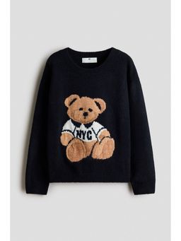 H&M - Girls Navy Blue Loose-Fit Motif-Detail Jumper