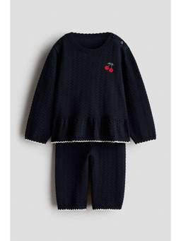 H&M - Girls Navy Blue 2-Piece Texture-Knit Cotton Jumper And Trouser