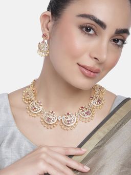 Estele - Gold Plated CZ Splendid Flower Designer Necklace Set with Pearls for Women