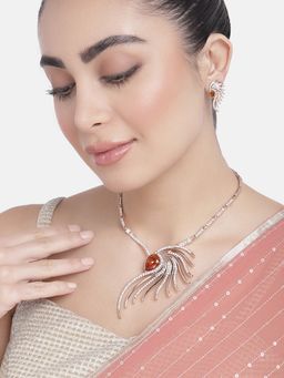 Estele - Gold & Rhodium Plated Spike Designer Necklace Set with Orange Crystals for Women