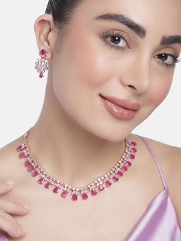 Estele - Rose Gold Plated CZ Sparkling Necklace Set with Ruby & White Crystals for Women