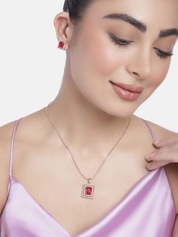 Estele - Rose Gold Plated CZ Square Designer Pendant Set with Tourmaline Pink Stones for Women