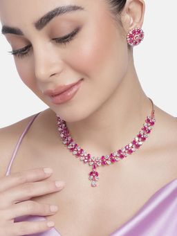 Estele - Rose Gold Plated Cz Flower Designer Necklace Set With Ruby Stones For Girl'S & Women