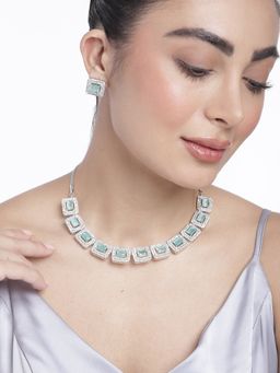 Estele - Rhodium Plated Cz Fascinating Necklace Set With Mint Green Crystals