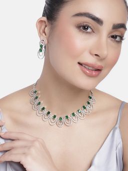Estele - Rhodium Plated Cz Circular Designer Necklace Set With Green Crystals