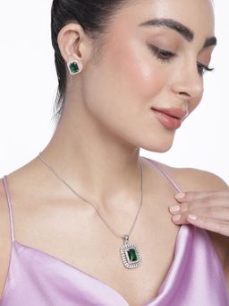 Estele - Rhodium Plated Cz Sparkling Square Designer Pendant Set With Emerald Stone