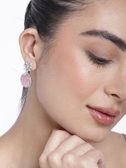 Estele - Rhodium Plated Cz Gorgeous Drop Earrings With Mint Pink Stones For Girls/Women