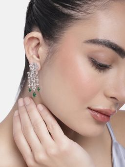 Estele - Rhodium Plated Cz Shimmery Trickle Designer Earrings With Green Stones For Women