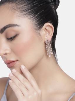Estele - Rose Gold Plated Cz Shimmery Trickle Designer Earrings With Mint Pink Stones