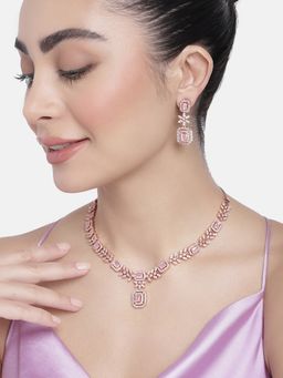 Estele - Rose Gold Plated Cz Magnificent Necklace Set with Mint Pink Stones for Women (Set of 2)