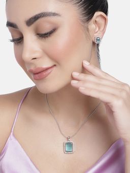 Estele - Silver Plated Cz Square Designer Pendant Set with Mint Green Stones for Women (Set of 2)