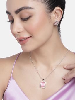 Estele - Silver Plated Cz Square Designer Pendant Set with Mint Pink Stones for Women (Set of 2)