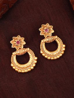 Estele - Gold Plated Flower Designer Matte Finish Drop Earrings with Crystals for Women