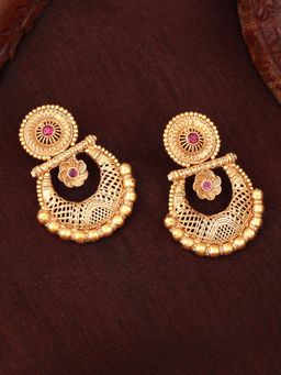 Estele - Gold Plated Floral Designer Matte Finish Drop Earrings with Crystals for Women