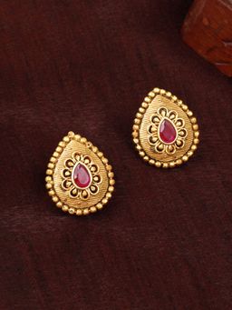 Estele - Gold Plated Drop Designer Matte Finish Stud Earrings with Crystals for Women