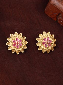 Estele - Gold Plated Flower Designer Matte Finish Stud Earrings with Crystals for Women