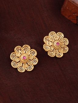 Estele - Gold Plated Floral Designer Matte Finish Stud Earrings with Crystals for Women
