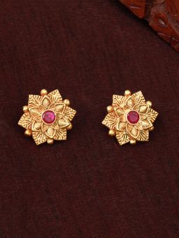 Estele - Gold Plated Flower Designer Matte Finish Stud Earrings with Crystals for Women