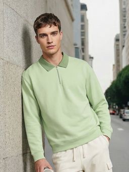 Nobero - Green Club Quarter Zip Full Sleeve Oversize T-Shirt for Men