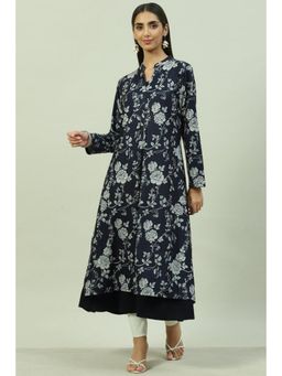 Biba - Navy Blue Floral Printed Kurta with Inner (Set of 2)
