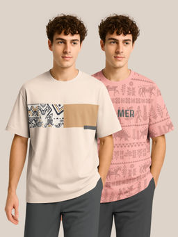 BULLMER - Beige & Pink Half Sleeve Oversized Crew Neck T-shirt For Men - Pack Of 2