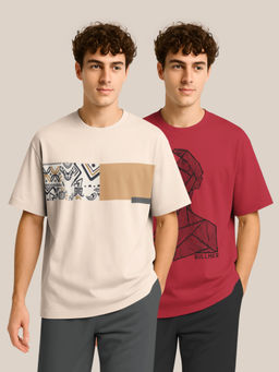 BULLMER - Trendy Beige & Red Oversized Crew Neck T-shirt For Men - Pack Of 2