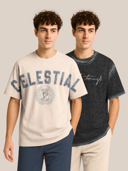 BULLMER - Beige & Denim Black Oversized Crew Neck T-shirt For Men - Pack Of 2