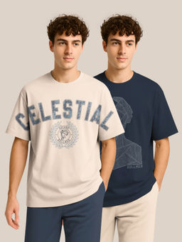 BULLMER - Beige & Navy Blue Oversized Crew Neck T-shirt For Men - Pack Of 2