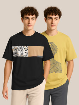 BULLMER - Black & Yellow Half Sleeve Oversized Crew Neck T-shirt For Men - Pack Of 2