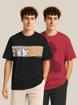 BULLMER - Trendy Black & Red Oversized Crew Neck T-shirt For Men - Pack Of 2