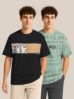 BULLMER - Black & Green Half Sleeve Oversized Crew Neck T-shirt For Men - Pack Of 2