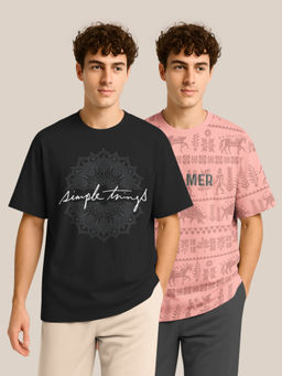 BULLMER - Black & Pink Half Sleeve Oversized Crew Neck T-shirt For Men - Pack Of 2