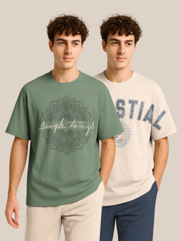 BULLMER - Olive & Beige Half Sleeve Oversized Crew Neck T-shirt For Men - Pack Of 2