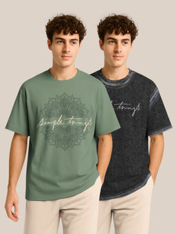 BULLMER - Olive & Denim Black Oversized Crew Neck T-shirt For Men - Pack Of 2